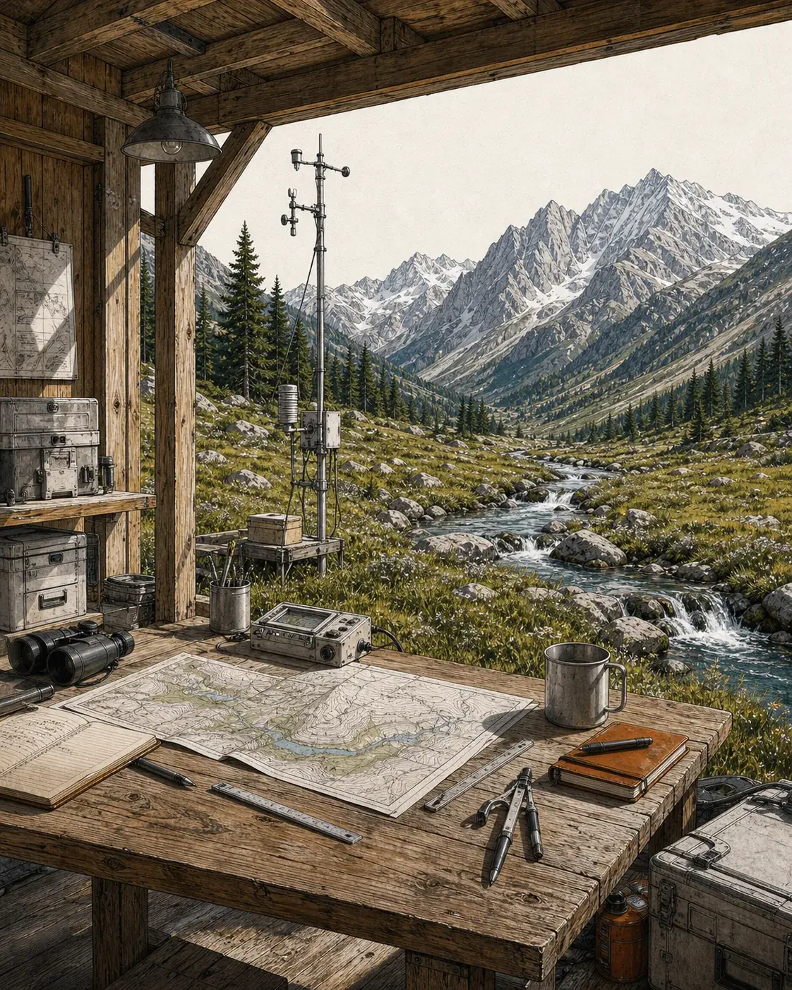 Fieldwork shelter with a workbench, instruments, weather station, and alpine stream beyond.