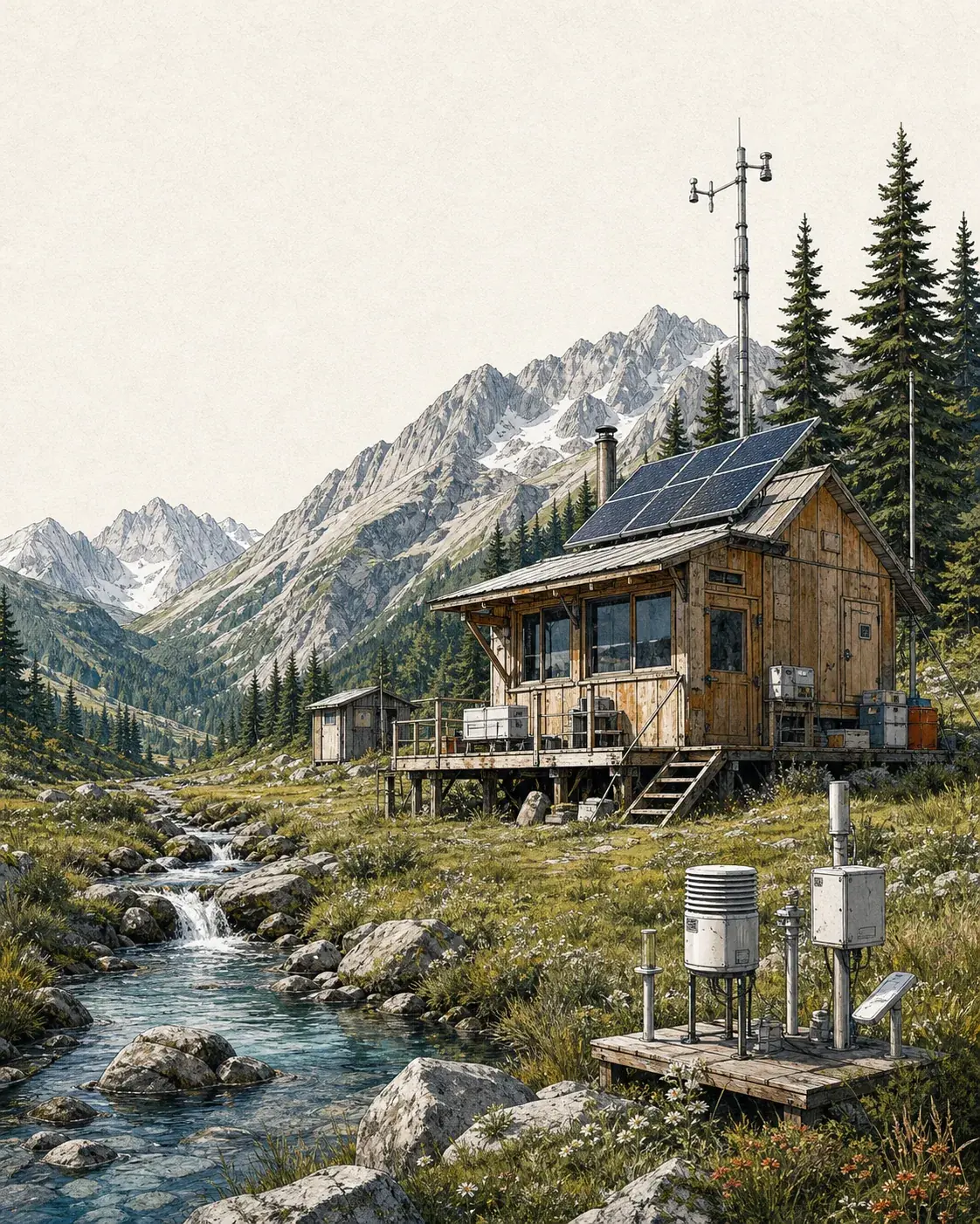 Alpine field station beside a stream with sensors, solar panels, and a timber operations cabin.
