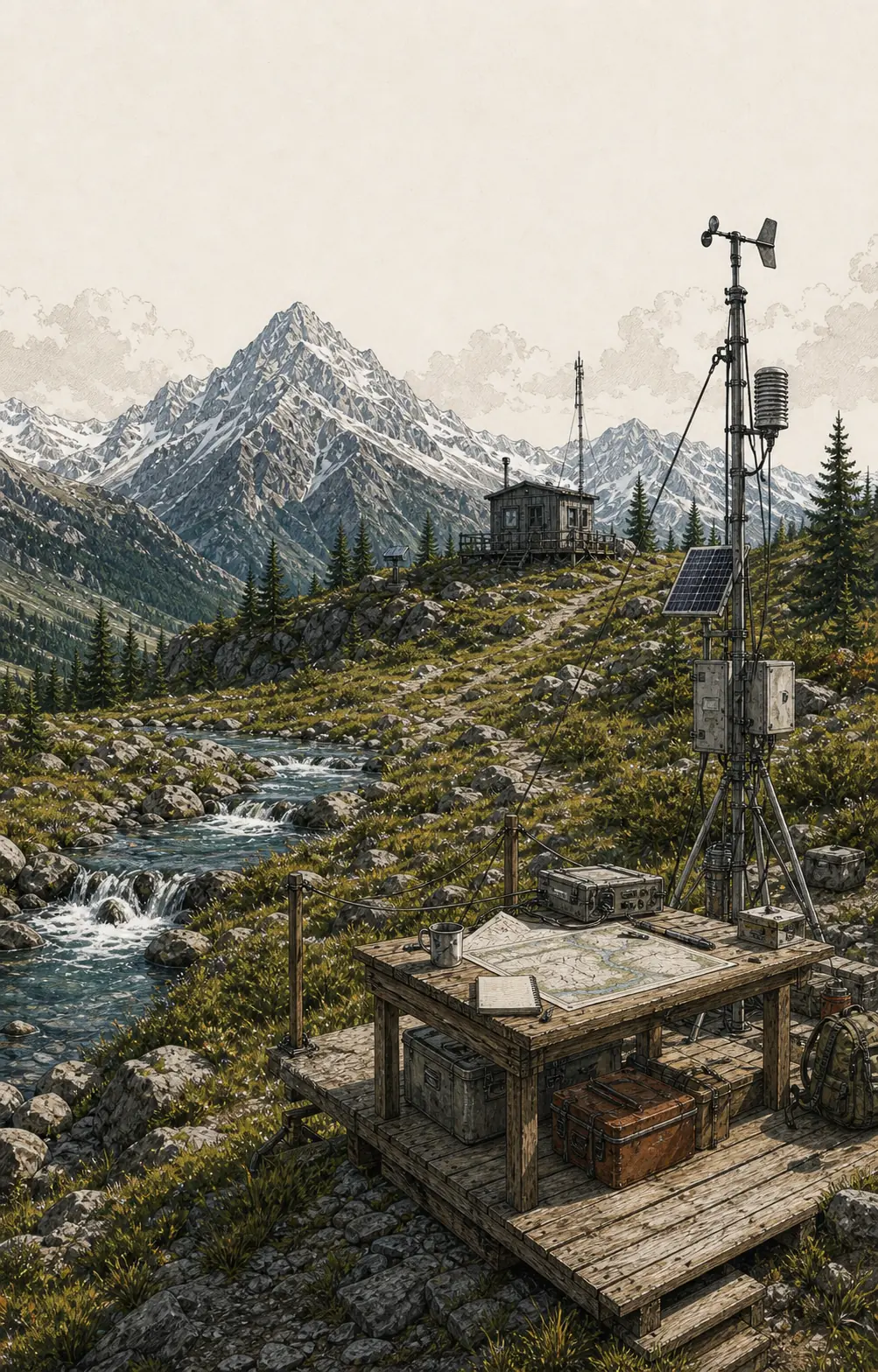 Alpine operations overlook with a connected stream, field instruments, paths, and a remote station infrastructure.